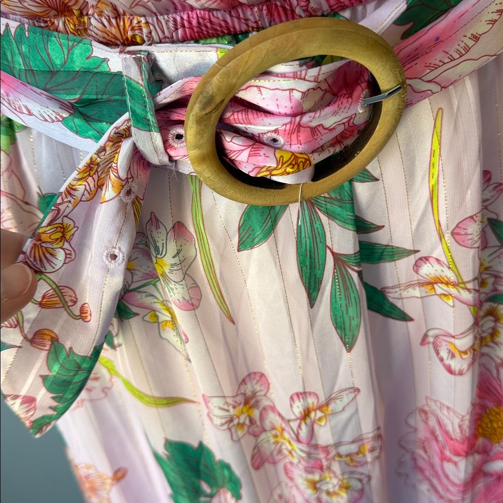 Floral Pink Maxi Dress with Belt Boston proper off the shoulder - Picture 2 of 8